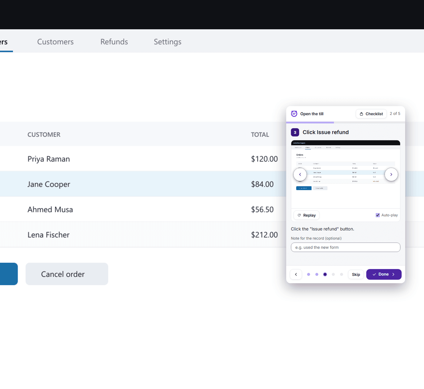 Follow along on top of the Lakeview Supply program: step 3 of Open the till, Click Issue refund, with its picture, Replay, a note for the record and Done